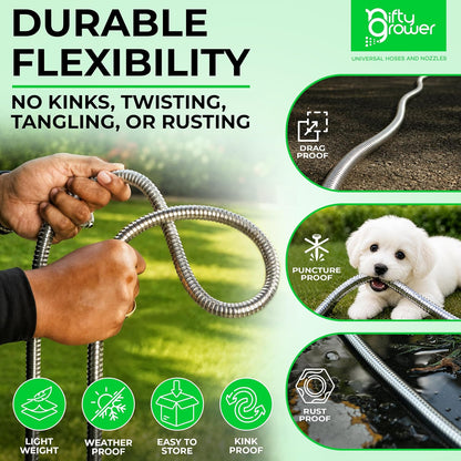 50 FT Garden Hose Stainless Steel Heavy Duty with Spray Nozzle, Lightweight and No-Kink Flexible Water Hose 50 FT with 3/4" Solid Brass Fittings, Metal Waterhose for Outside 50FT, Manguera para Jardin