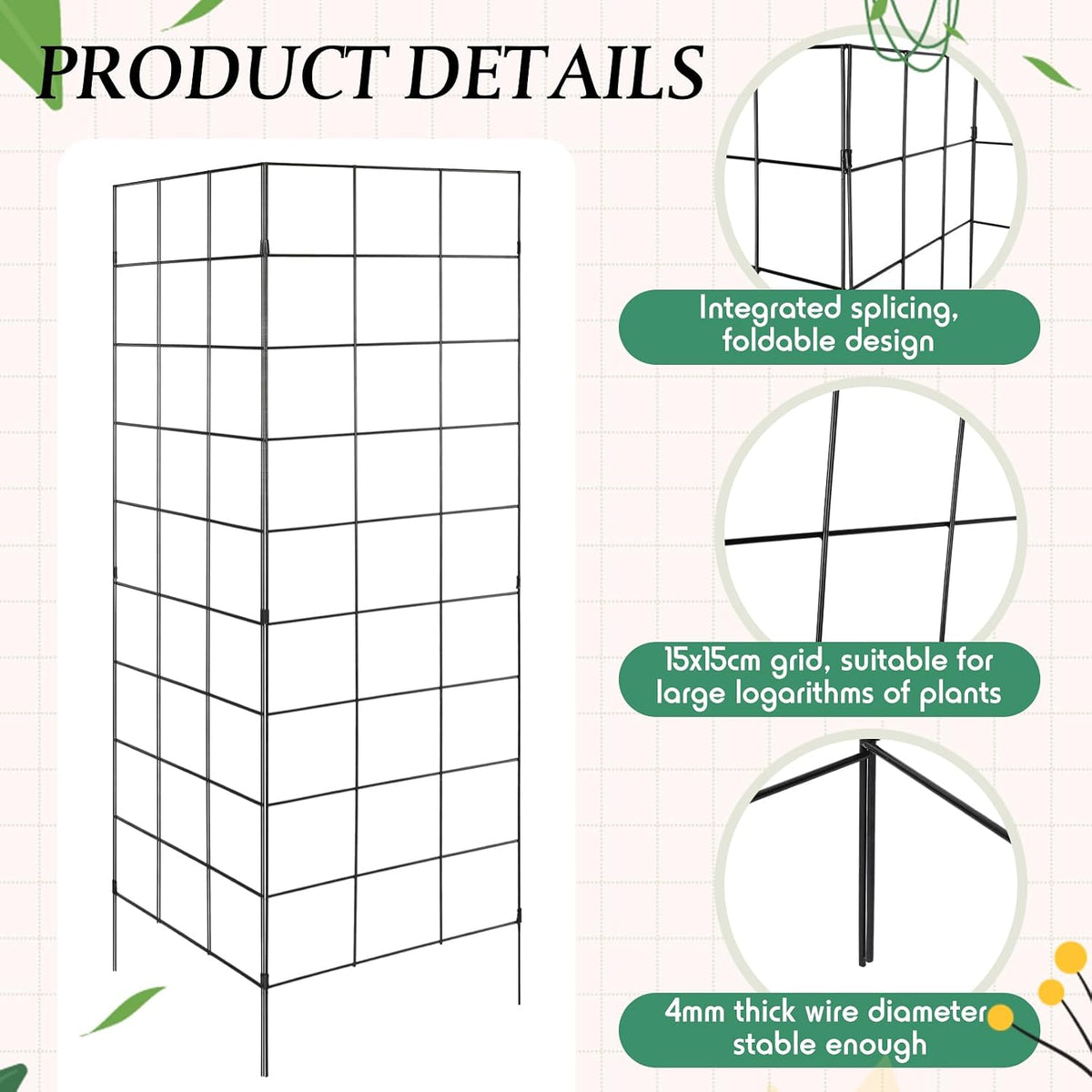 3 Panel Folding Garden Trellis for Climbing Plants, 52.6" W x 58" H Sturdy Metal Frame Cucumber Metal Trellis Garden Plants Support for Outdoor Pea Grape and Other Climbing Vegetable
