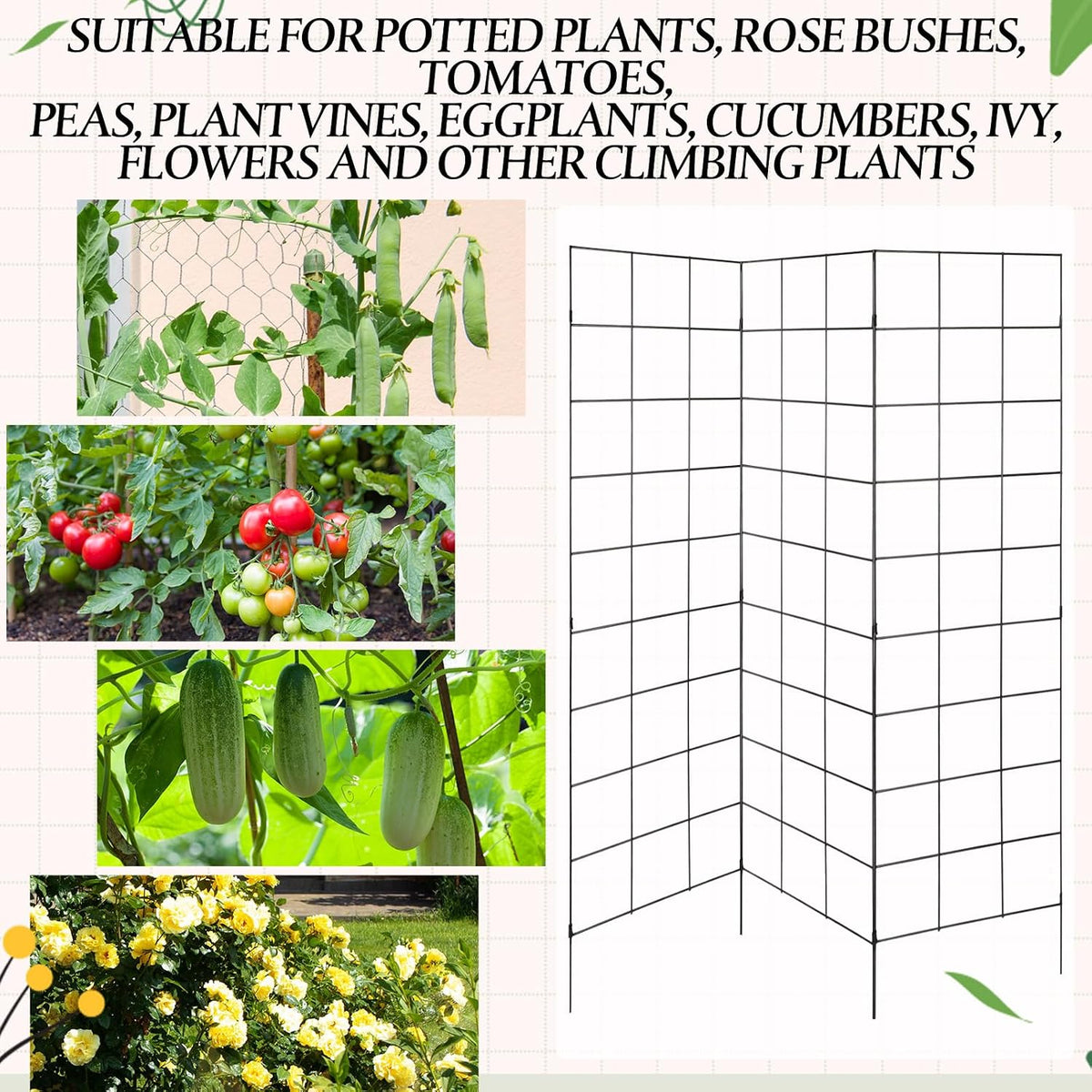 3 Panel Folding Garden Trellis for Climbing Plants, 52.6" W x 58" H Sturdy Metal Frame Cucumber Metal Trellis Garden Plants Support for Outdoor Pea Grape and Other Climbing Vegetable