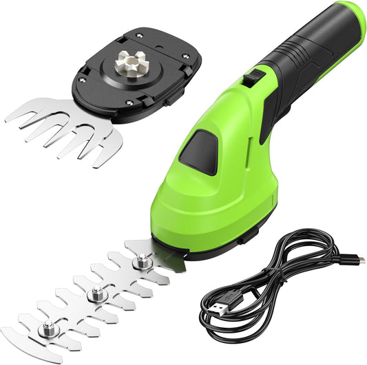 Cordless Hedge Trimmer, 2 in 1 Handheld Cordless Grass Shears with 2.0Ah Battery and Type-C Cable Included, Lightweight Bush Trimmer Grass Cutter for Garden Yard Lawn(Green)