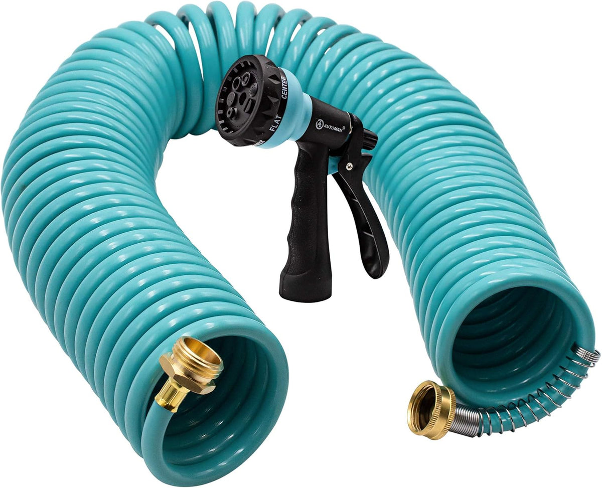 Recoil Garden Water Hose 50 ft, EVA Curly Water Hose with Brass Connectors,Garden Hose Coil,Includes 7-Pattern Function Sprayer,Retractable,Corrosion Resistant Garden Coil Hose.