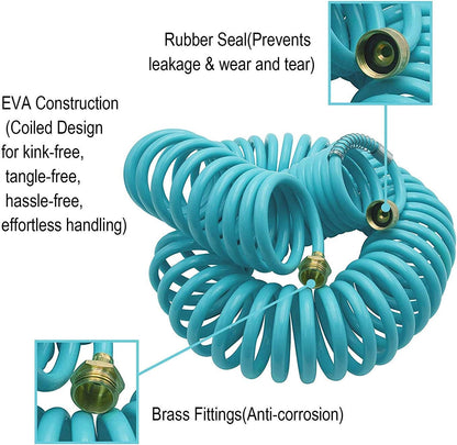 Recoil Garden Water Hose 50 ft, EVA Curly Water Hose with Brass Connectors,Garden Hose Coil,Includes 7-Pattern Function Sprayer,Retractable,Corrosion Resistant Garden Coil Hose.