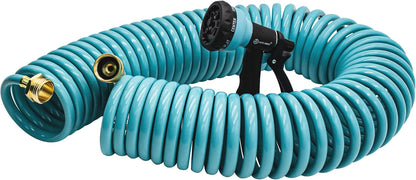Recoil Garden Water Hose 50 ft, EVA Curly Water Hose with Brass Connectors,Garden Hose Coil,Includes 7-Pattern Function Sprayer,Retractable,Corrosion Resistant Garden Coil Hose.