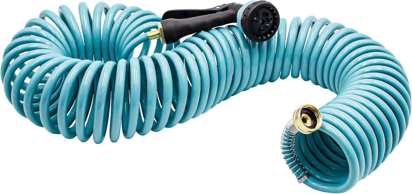 Recoil Garden Water Hose 50 ft, EVA Curly Water Hose with Brass Connectors,Garden Hose Coil,Includes 7-Pattern Function Sprayer,Retractable,Corrosion Resistant Garden Coil Hose.