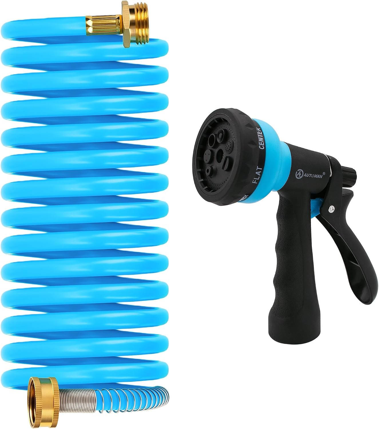 Recoil Garden Water Hose 50 ft, EVA Curly Water Hose with Brass Connectors,Garden Hose Coil,Includes 7-Pattern Function Sprayer,Retractable,Corrosion Resistant Garden Coil Hose.