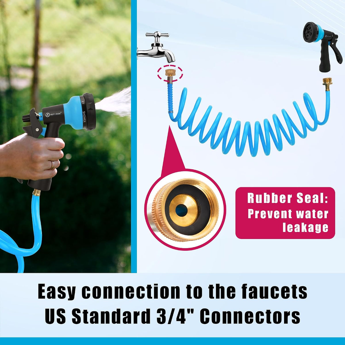 Recoil Garden Water Hose 50 ft, EVA Curly Water Hose with Brass Connectors,Garden Hose Coil,Includes 7-Pattern Function Sprayer,Retractable,Corrosion Resistant Garden Coil Hose.