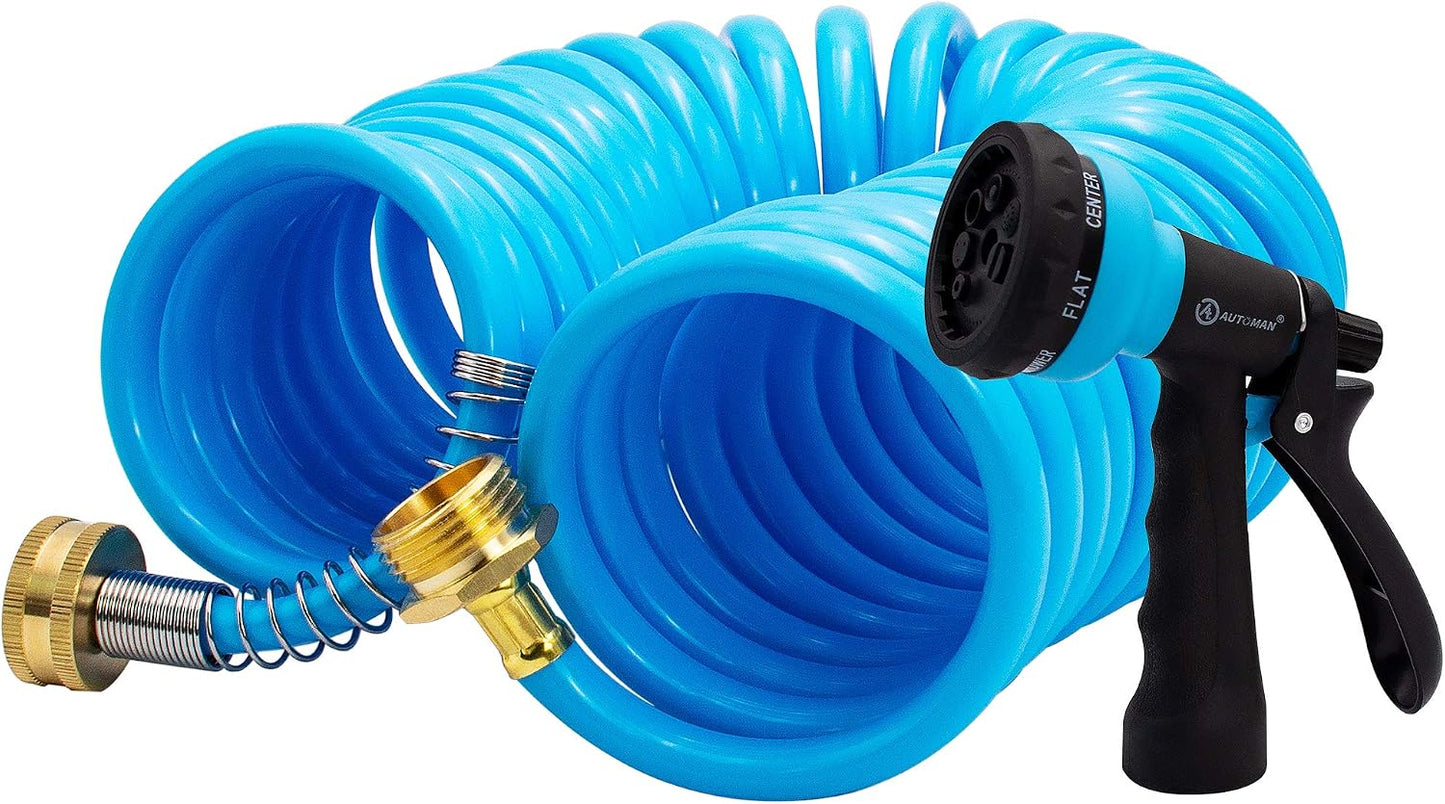 Recoil Garden Water Hose 50 ft, EVA Curly Water Hose with Brass Connectors,Garden Hose Coil,Includes 7-Pattern Function Sprayer,Retractable,Corrosion Resistant Garden Coil Hose.