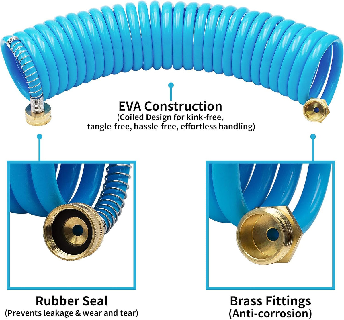 Recoil Garden Water Hose 50 ft, EVA Curly Water Hose with Brass Connectors,Garden Hose Coil,Includes 7-Pattern Function Sprayer,Retractable,Corrosion Resistant Garden Coil Hose.