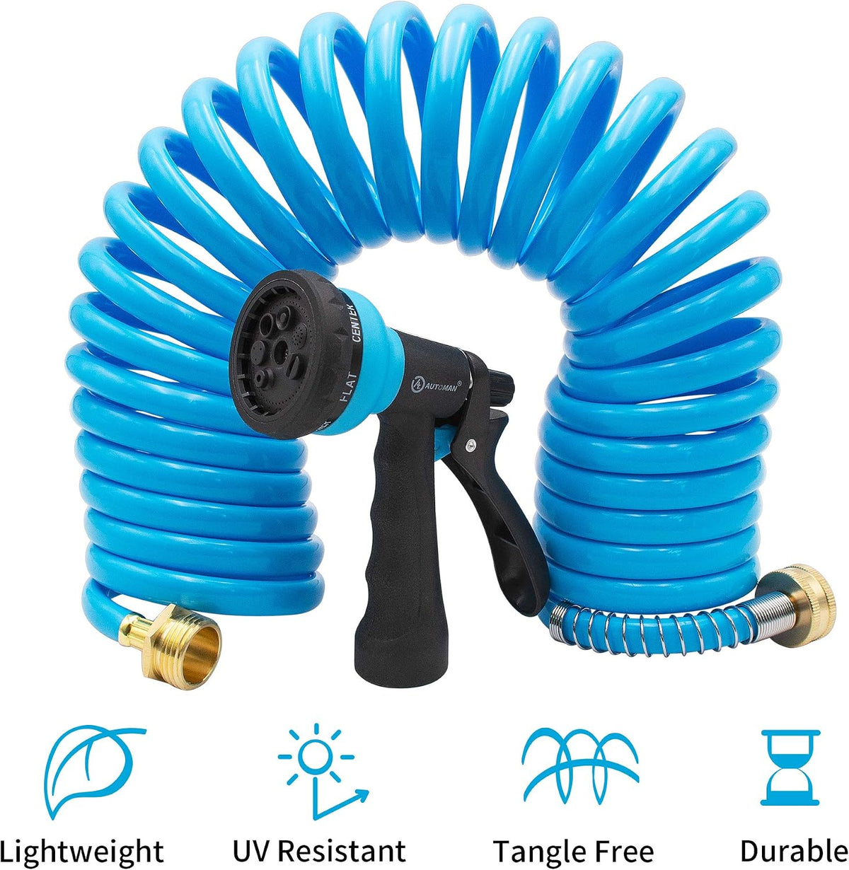 Recoil Garden Water Hose 50 ft, EVA Curly Water Hose with Brass Connectors,Garden Hose Coil,Includes 7-Pattern Function Sprayer,Retractable,Corrosion Resistant Garden Coil Hose.