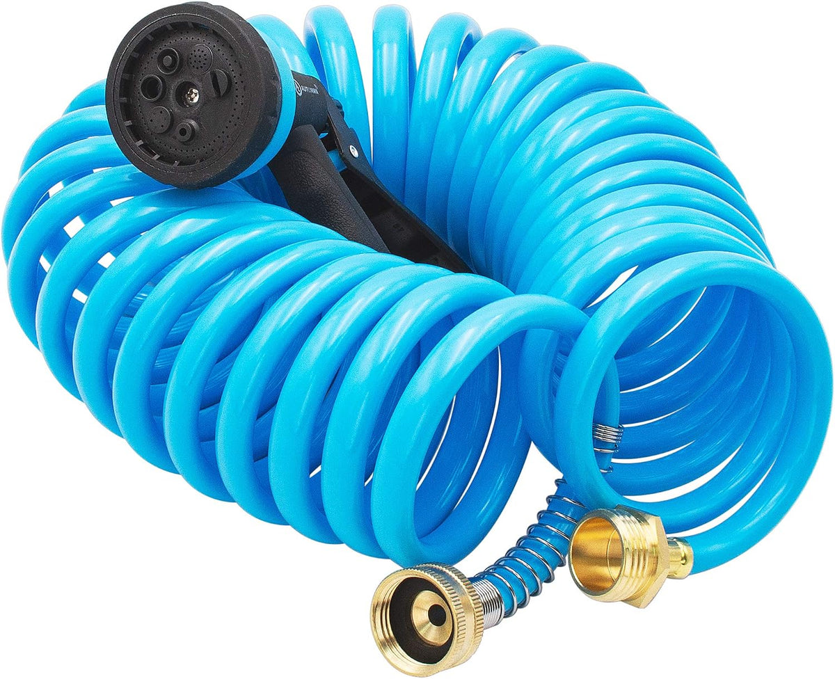 Recoil Garden Water Hose 50 ft, EVA Curly Water Hose with Brass Connectors,Garden Hose Coil,Includes 7-Pattern Function Sprayer,Retractable,Corrosion Resistant Garden Coil Hose.