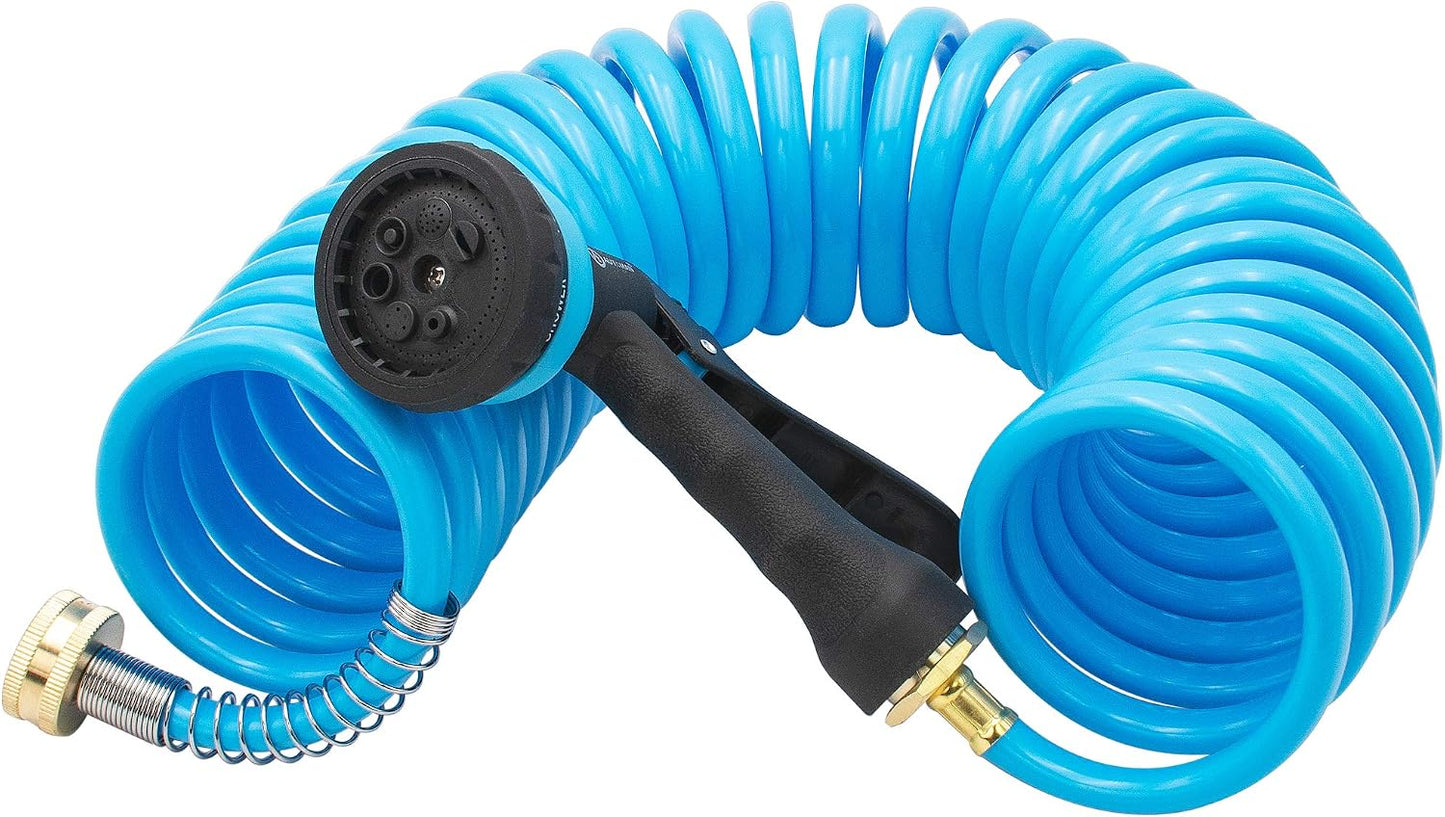 Recoil Garden Water Hose 50 ft, EVA Curly Water Hose with Brass Connectors,Garden Hose Coil,Includes 7-Pattern Function Sprayer,Retractable,Corrosion Resistant Garden Coil Hose.