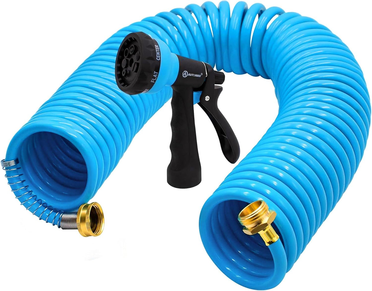 Recoil Garden Water Hose 50 ft, EVA Curly Water Hose with Brass Connectors,Garden Hose Coil,Includes 7-Pattern Function Sprayer,Retractable,Corrosion Resistant Garden Coil Hose.