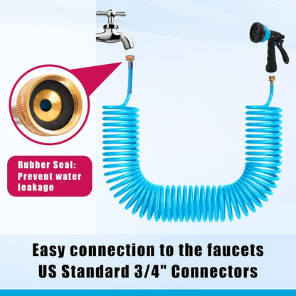 Recoil Garden Water Hose 50 ft, EVA Curly Water Hose with Brass Connectors,Garden Hose Coil,Includes 7-Pattern Function Sprayer,Retractable,Corrosion Resistant Garden Coil Hose.