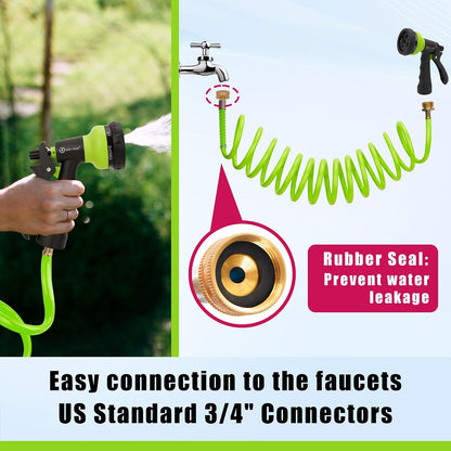 Recoil Garden Water Hose 50 ft, EVA Curly Water Hose with Brass Connectors,Garden Hose Coil,Includes 7-Pattern Function Sprayer,Retractable,Corrosion Resistant Garden Coil Hose.
