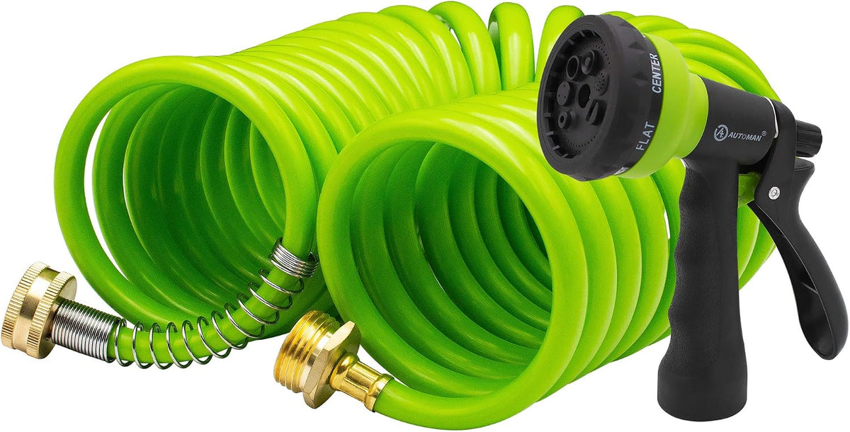 Recoil Garden Water Hose 50 ft, EVA Curly Water Hose with Brass Connectors,Garden Hose Coil,Includes 7-Pattern Function Sprayer,Retractable,Corrosion Resistant Garden Coil Hose.