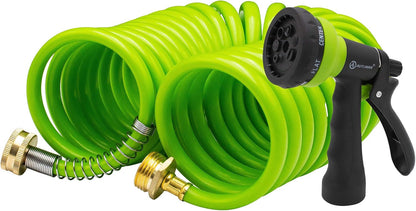 Recoil Garden Water Hose 50 ft, EVA Curly Water Hose with Brass Connectors,Garden Hose Coil,Includes 7-Pattern Function Sprayer,Retractable,Corrosion Resistant Garden Coil Hose.