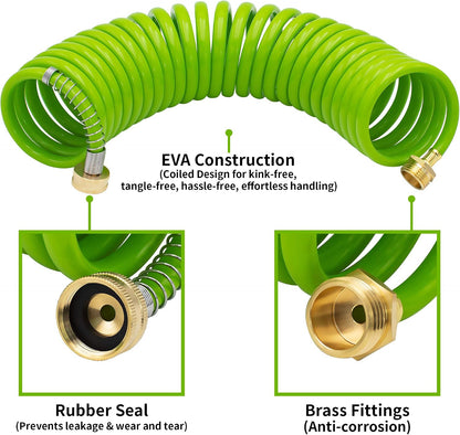 Recoil Garden Water Hose 50 ft, EVA Curly Water Hose with Brass Connectors,Garden Hose Coil,Includes 7-Pattern Function Sprayer,Retractable,Corrosion Resistant Garden Coil Hose.
