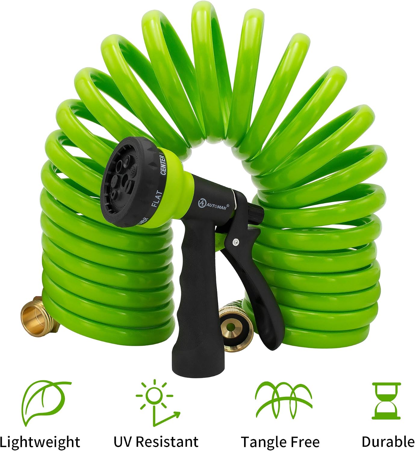 Recoil Garden Water Hose 50 ft, EVA Curly Water Hose with Brass Connectors,Garden Hose Coil,Includes 7-Pattern Function Sprayer,Retractable,Corrosion Resistant Garden Coil Hose.