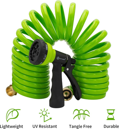 Recoil Garden Water Hose 50 ft, EVA Curly Water Hose with Brass Connectors,Garden Hose Coil,Includes 7-Pattern Function Sprayer,Retractable,Corrosion Resistant Garden Coil Hose.