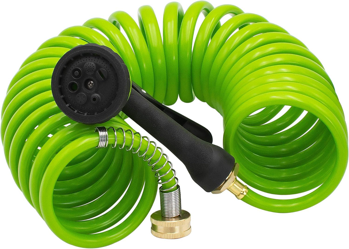Recoil Garden Water Hose 50 ft, EVA Curly Water Hose with Brass Connectors,Garden Hose Coil,Includes 7-Pattern Function Sprayer,Retractable,Corrosion Resistant Garden Coil Hose.