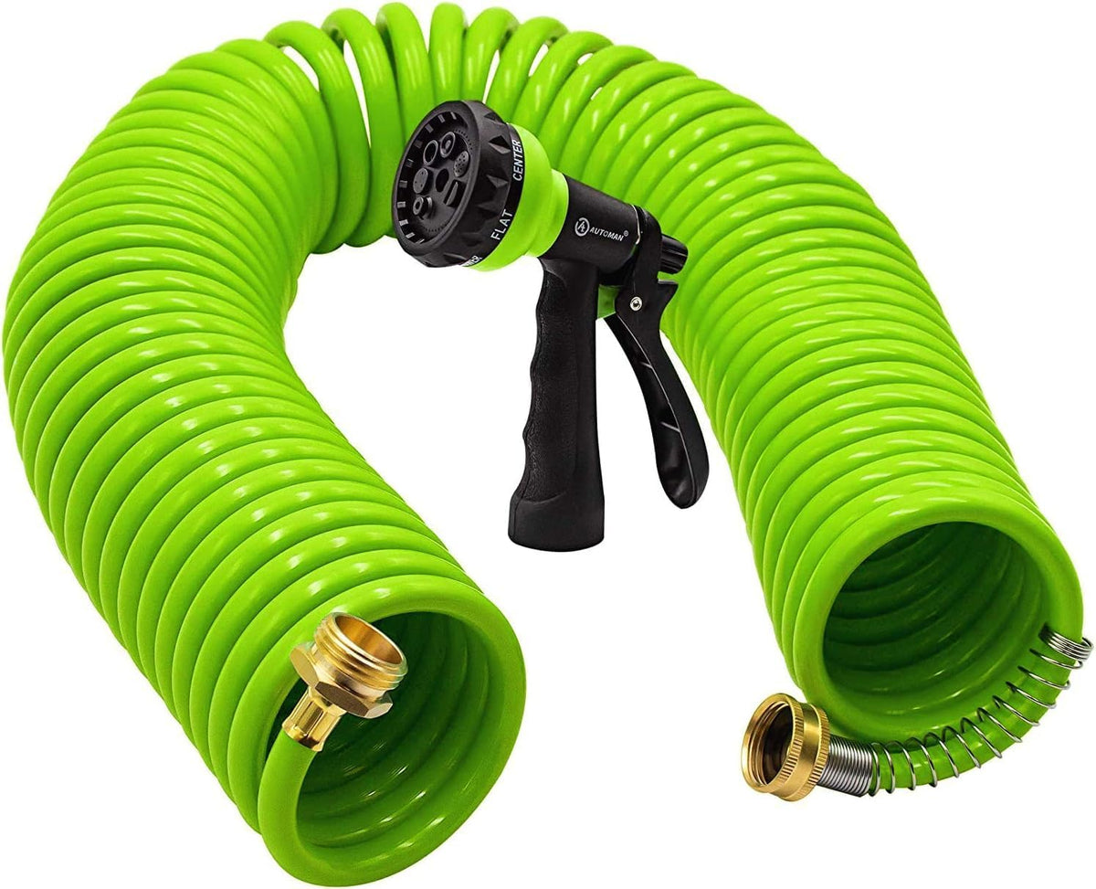 Recoil Garden Water Hose 50 ft, EVA Curly Water Hose with Brass Connectors,Garden Hose Coil,Includes 7-Pattern Function Sprayer,Retractable,Corrosion Resistant Garden Coil Hose.