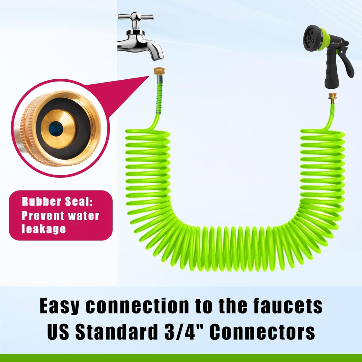 Recoil Garden Water Hose 50 ft, EVA Curly Water Hose with Brass Connectors,Garden Hose Coil,Includes 7-Pattern Function Sprayer,Retractable,Corrosion Resistant Garden Coil Hose.