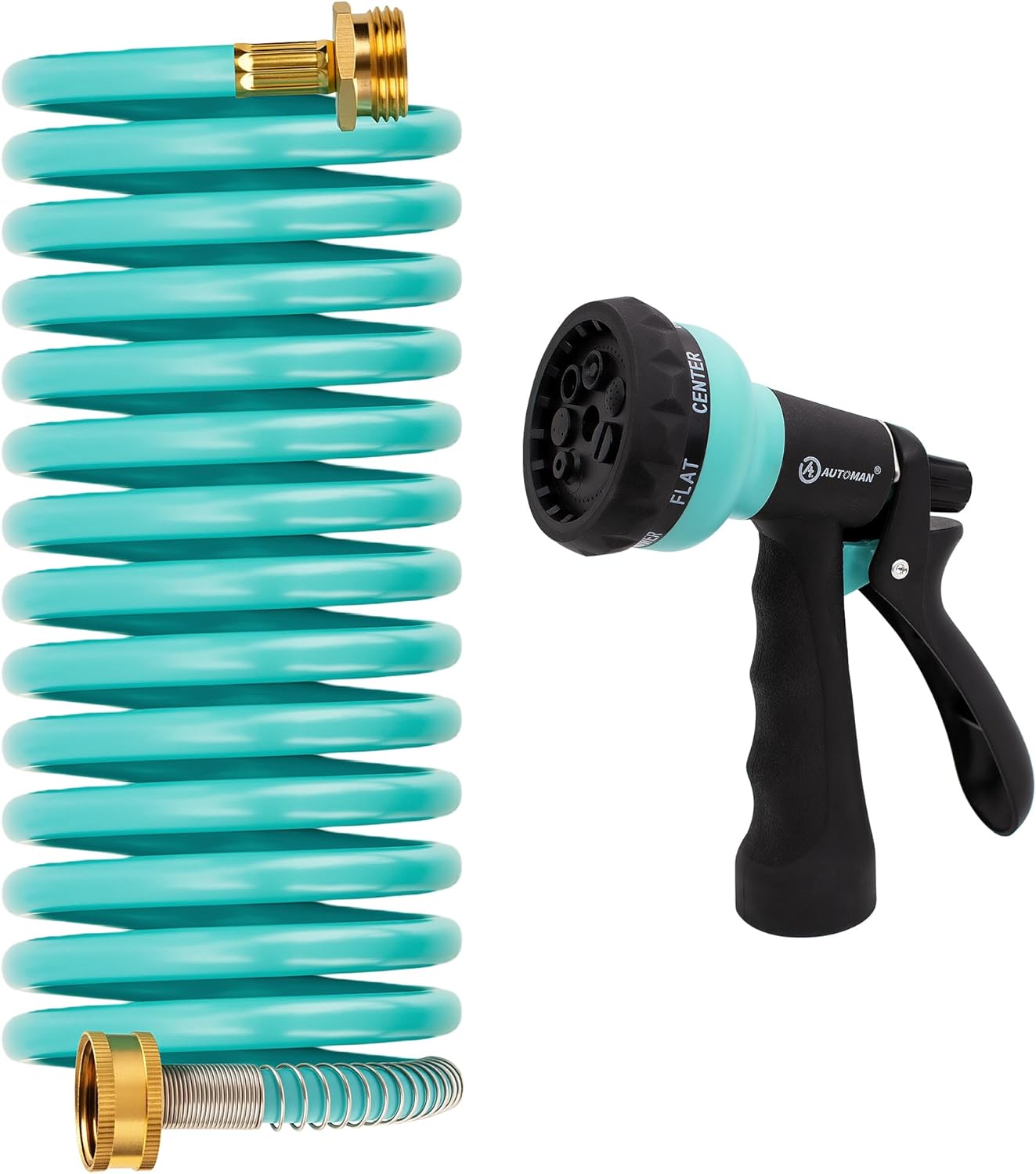 Recoil Garden Water Hose 50 ft, EVA Curly Water Hose with Brass Connectors,Garden Hose Coil,Includes 7-Pattern Function Sprayer,Retractable,Corrosion Resistant Garden Coil Hose.
