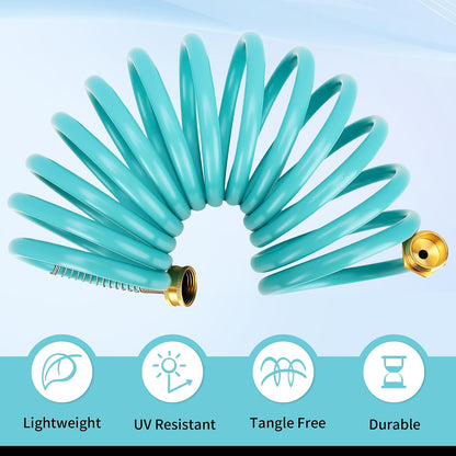 Recoil Garden Water Hose 50 ft, EVA Curly Water Hose with Brass Connectors,Garden Hose Coil,Includes 7-Pattern Function Sprayer,Retractable,Corrosion Resistant Garden Coil Hose.