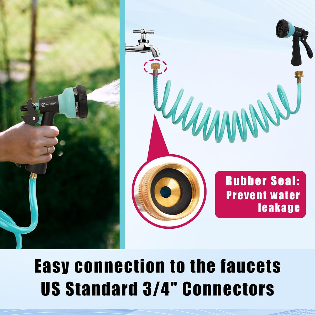 Recoil Garden Water Hose 50 ft, EVA Curly Water Hose with Brass Connectors,Garden Hose Coil,Includes 7-Pattern Function Sprayer,Retractable,Corrosion Resistant Garden Coil Hose.