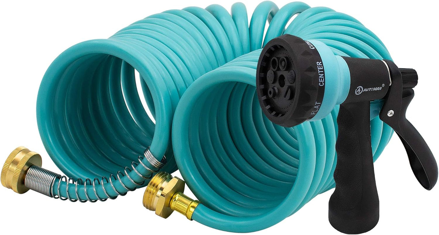 Recoil Garden Water Hose 50 ft, EVA Curly Water Hose with Brass Connectors,Garden Hose Coil,Includes 7-Pattern Function Sprayer,Retractable,Corrosion Resistant Garden Coil Hose.