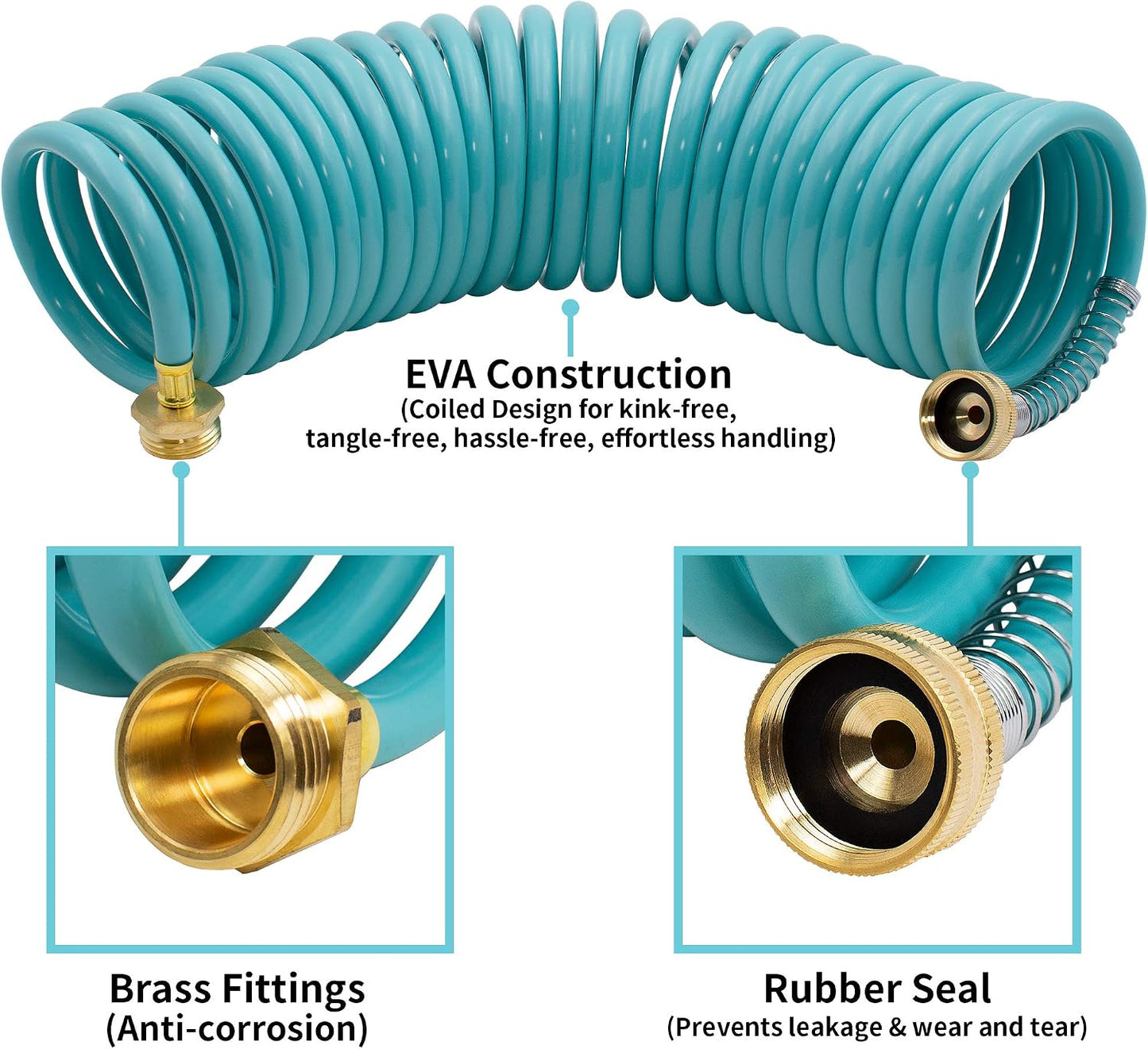 Recoil Garden Water Hose 50 ft, EVA Curly Water Hose with Brass Connectors,Garden Hose Coil,Includes 7-Pattern Function Sprayer,Retractable,Corrosion Resistant Garden Coil Hose.