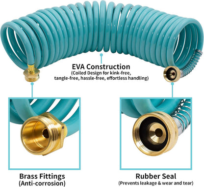 Recoil Garden Water Hose 50 ft, EVA Curly Water Hose with Brass Connectors,Garden Hose Coil,Includes 7-Pattern Function Sprayer,Retractable,Corrosion Resistant Garden Coil Hose.