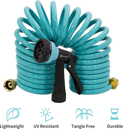 Recoil Garden Water Hose 50 ft, EVA Curly Water Hose with Brass Connectors,Garden Hose Coil,Includes 7-Pattern Function Sprayer,Retractable,Corrosion Resistant Garden Coil Hose.