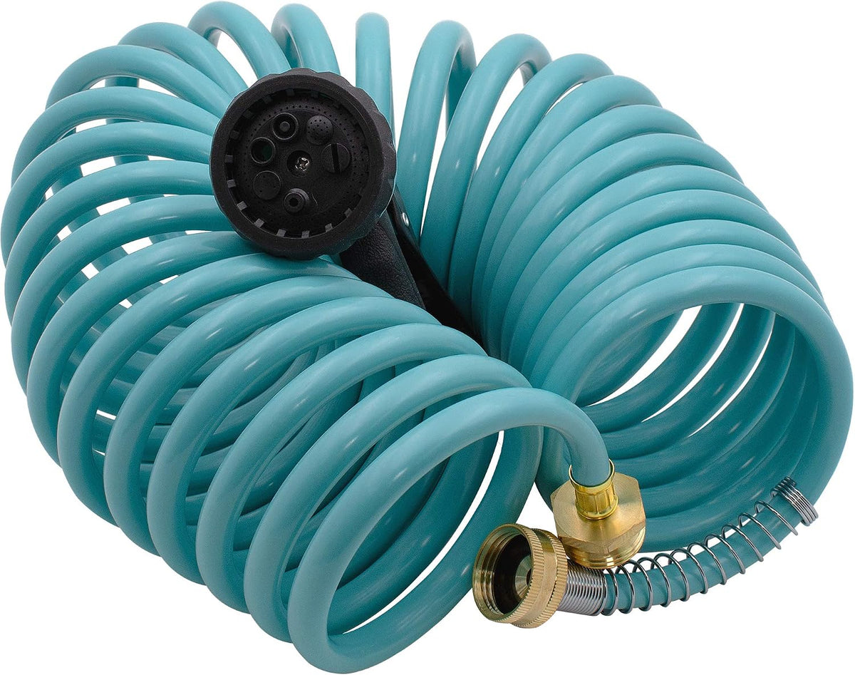 Recoil Garden Water Hose 50 ft, EVA Curly Water Hose with Brass Connectors,Garden Hose Coil,Includes 7-Pattern Function Sprayer,Retractable,Corrosion Resistant Garden Coil Hose.