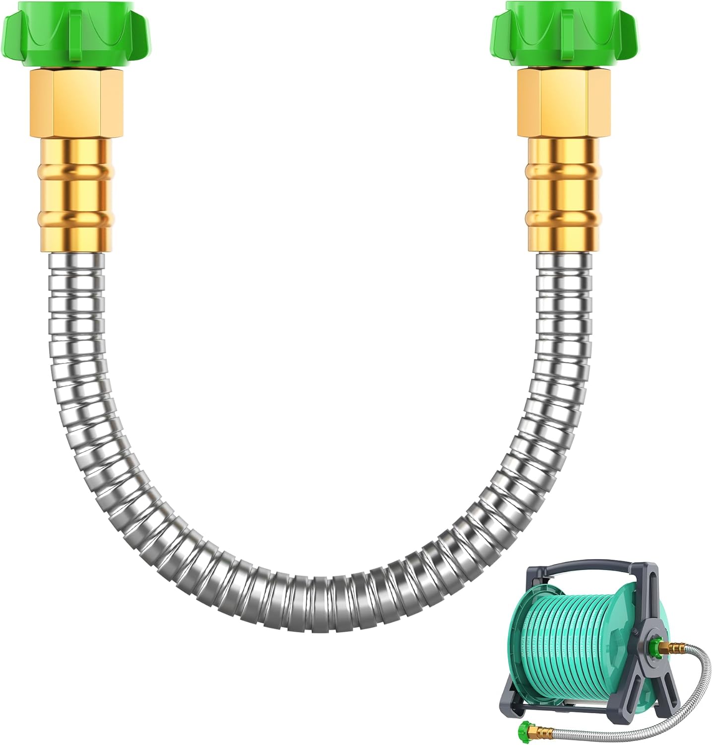 Short Metal Garden Hose 2 ft with Female to Female Connector， Stainless Steel Small Leader Hose for Hose Reel, Long, Flexible, Lightweight & Heavy Duty Water Pipe, Outdoor Water Hose Extension Adapter