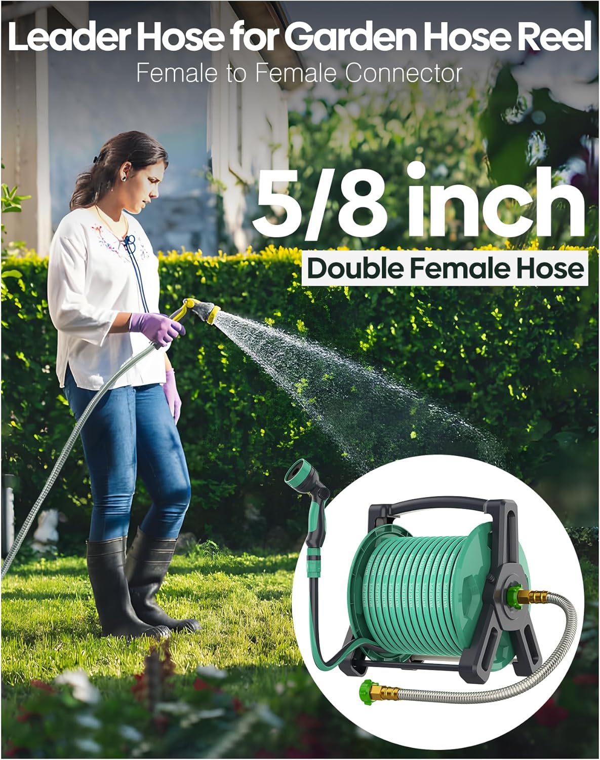Short Metal Garden Hose 2 ft with Female to Female Connector， Stainless Steel Small Leader Hose for Hose Reel, Long, Flexible, Lightweight & Heavy Duty Water Pipe, Outdoor Water Hose Extension Adapter