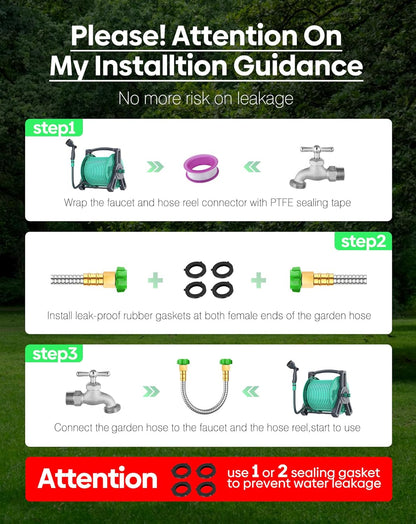 Short Metal Garden Hose 2 ft with Female to Female Connector， Stainless Steel Small Leader Hose for Hose Reel, Long, Flexible, Lightweight & Heavy Duty Water Pipe, Outdoor Water Hose Extension Adapter