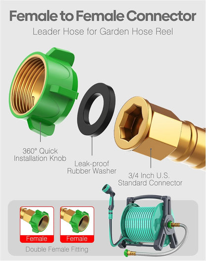 Short Metal Garden Hose 2 ft with Female to Female Connector， Stainless Steel Small Leader Hose for Hose Reel, Long, Flexible, Lightweight & Heavy Duty Water Pipe, Outdoor Water Hose Extension Adapter