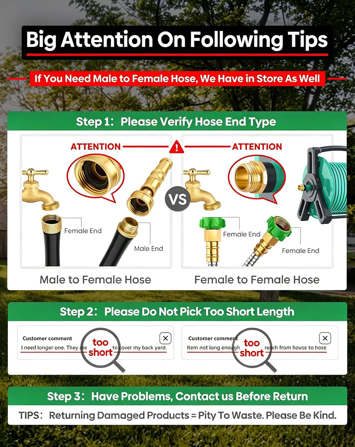 Short Metal Garden Hose 2 ft with Female to Female Connector， Stainless Steel Small Leader Hose for Hose Reel, Long, Flexible, Lightweight & Heavy Duty Water Pipe, Outdoor Water Hose Extension Adapter