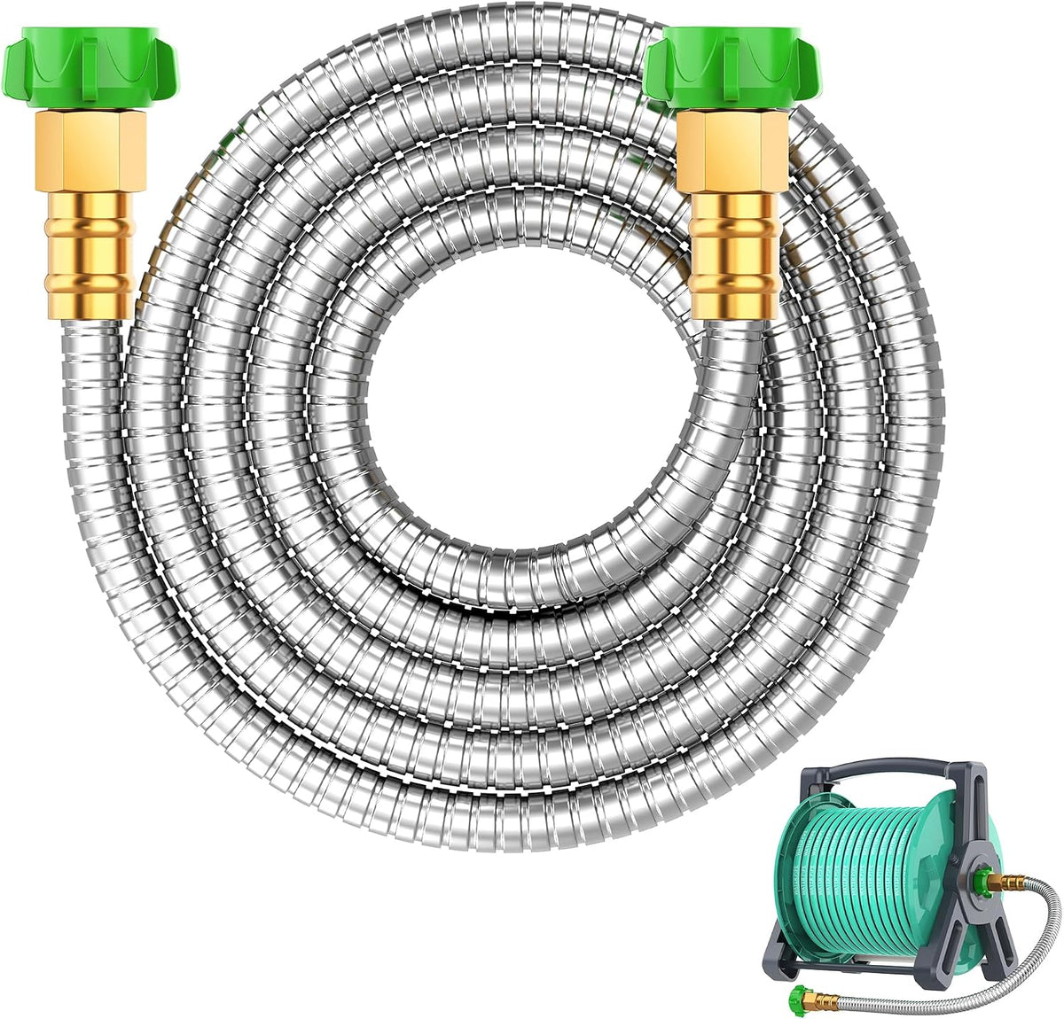 Short Metal Garden Hose 2 ft with Female to Female Connector， Stainless Steel Small Leader Hose for Hose Reel, Long, Flexible, Lightweight & Heavy Duty Water Pipe, Outdoor Water Hose Extension Adapter