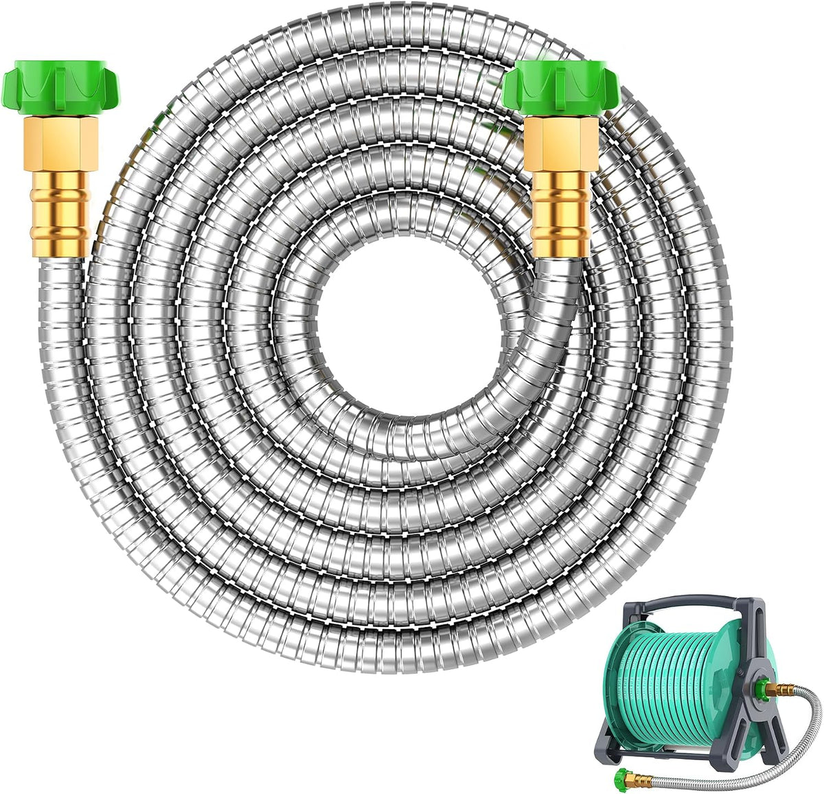 Short Metal Garden Hose 2 ft with Female to Female Connector， Stainless Steel Small Leader Hose for Hose Reel, Long, Flexible, Lightweight & Heavy Duty Water Pipe, Outdoor Water Hose Extension Adapter