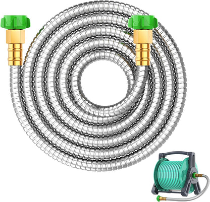 Short Metal Garden Hose 2 ft with Female to Female Connector， Stainless Steel Small Leader Hose for Hose Reel, Long, Flexible, Lightweight & Heavy Duty Water Pipe, Outdoor Water Hose Extension Adapter