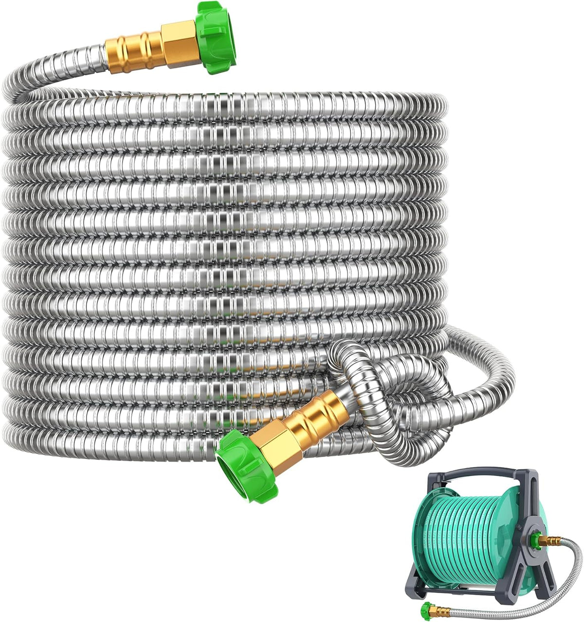 Short Metal Garden Hose 2 ft with Female to Female Connector， Stainless Steel Small Leader Hose for Hose Reel, Long, Flexible, Lightweight & Heavy Duty Water Pipe, Outdoor Water Hose Extension Adapter