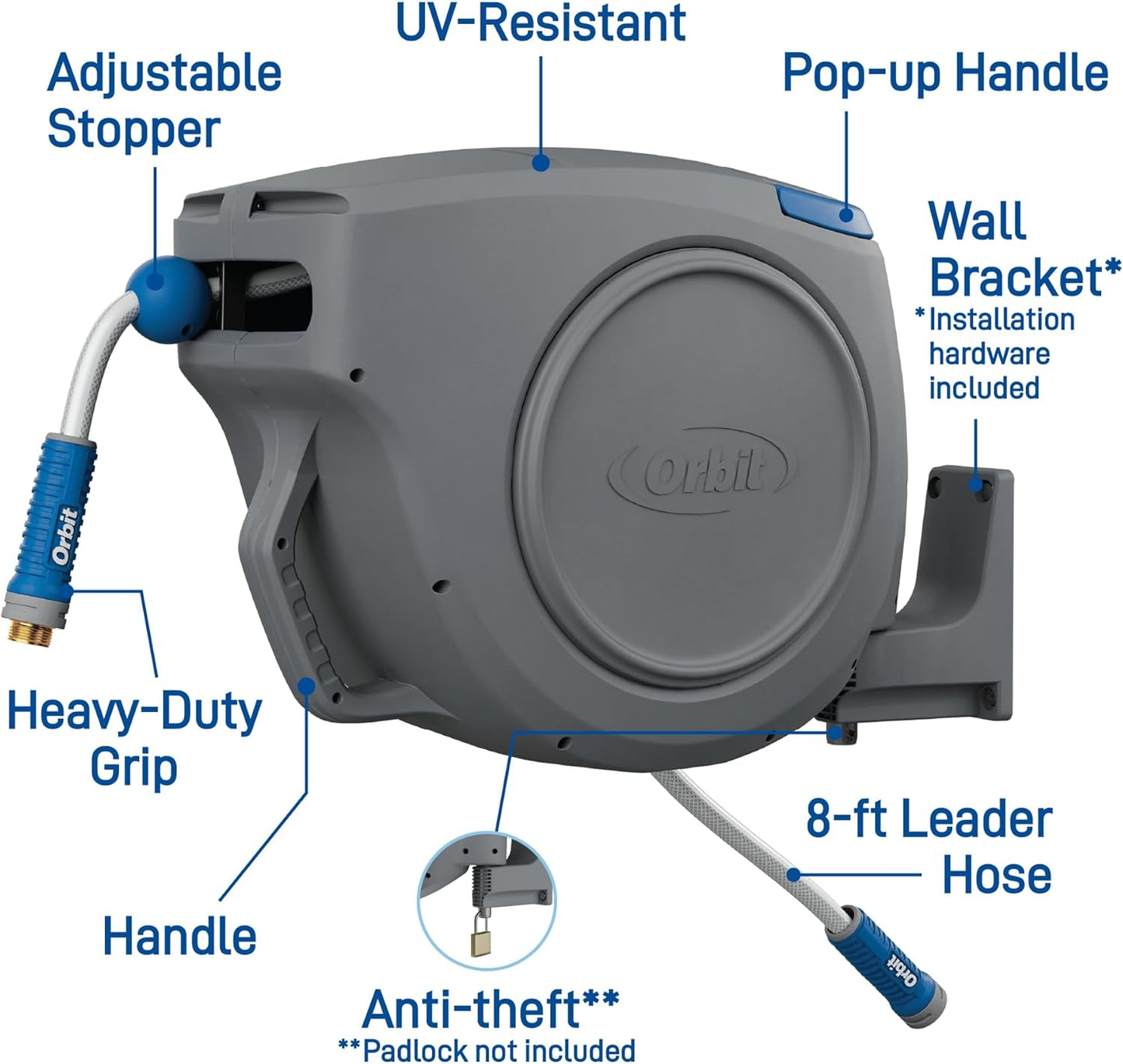 Auto-Retractable Garden Hose Reel, Wall Mount, 100ft x 5/8in - 28263