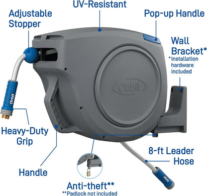 Auto-Retractable Garden Hose Reel, Wall Mount, 100ft x 5/8in - 28263