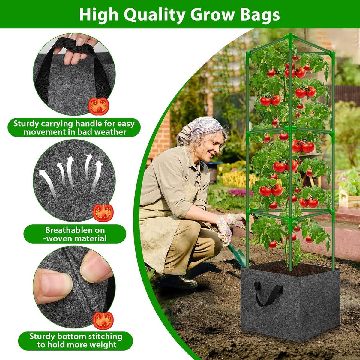 Tomato Cages for Garden with Grow Bags, 2 Pack Tomato Cage Trellis