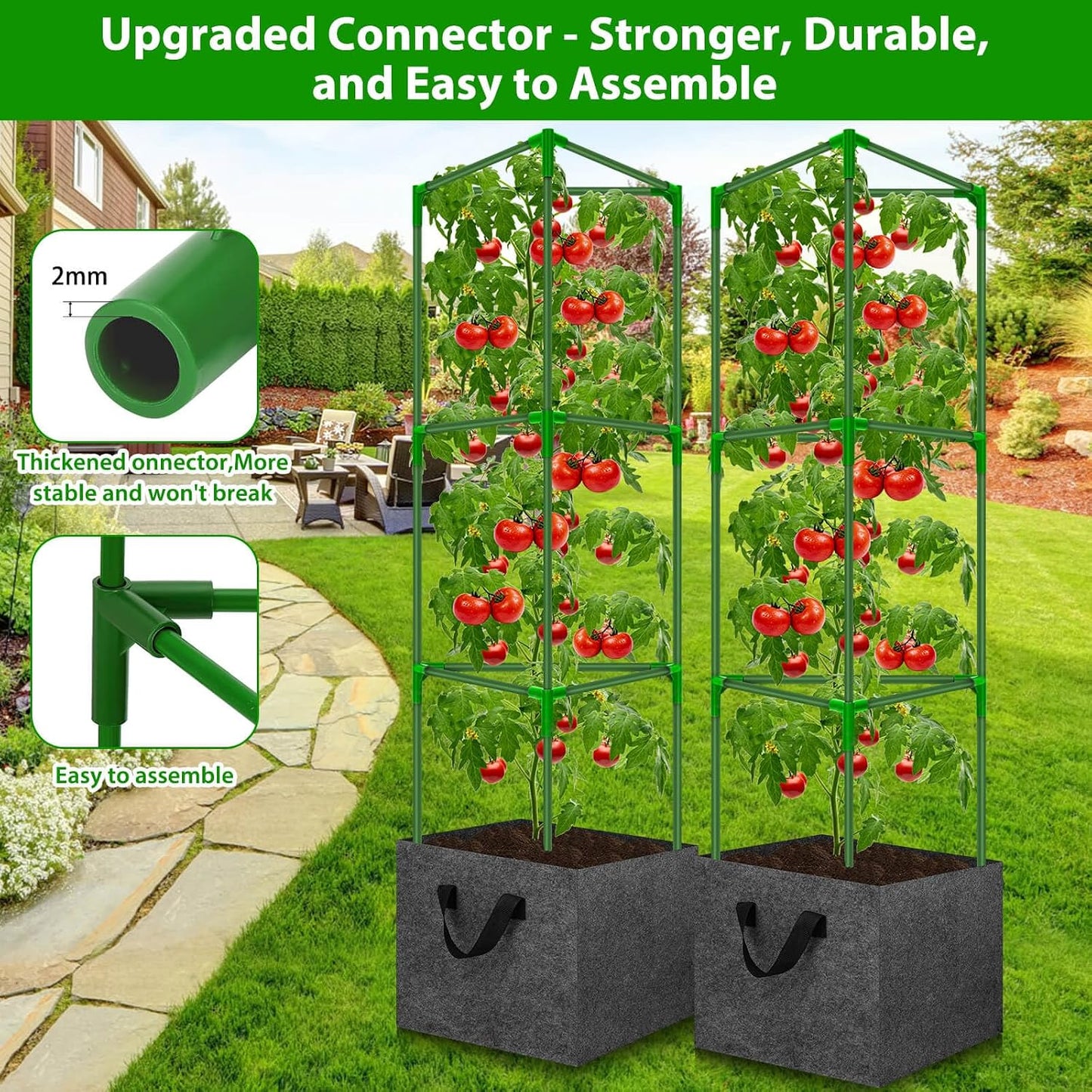 Tomato Cages for Garden with Grow Bags, 2 Pack Tomato Cage Trellis