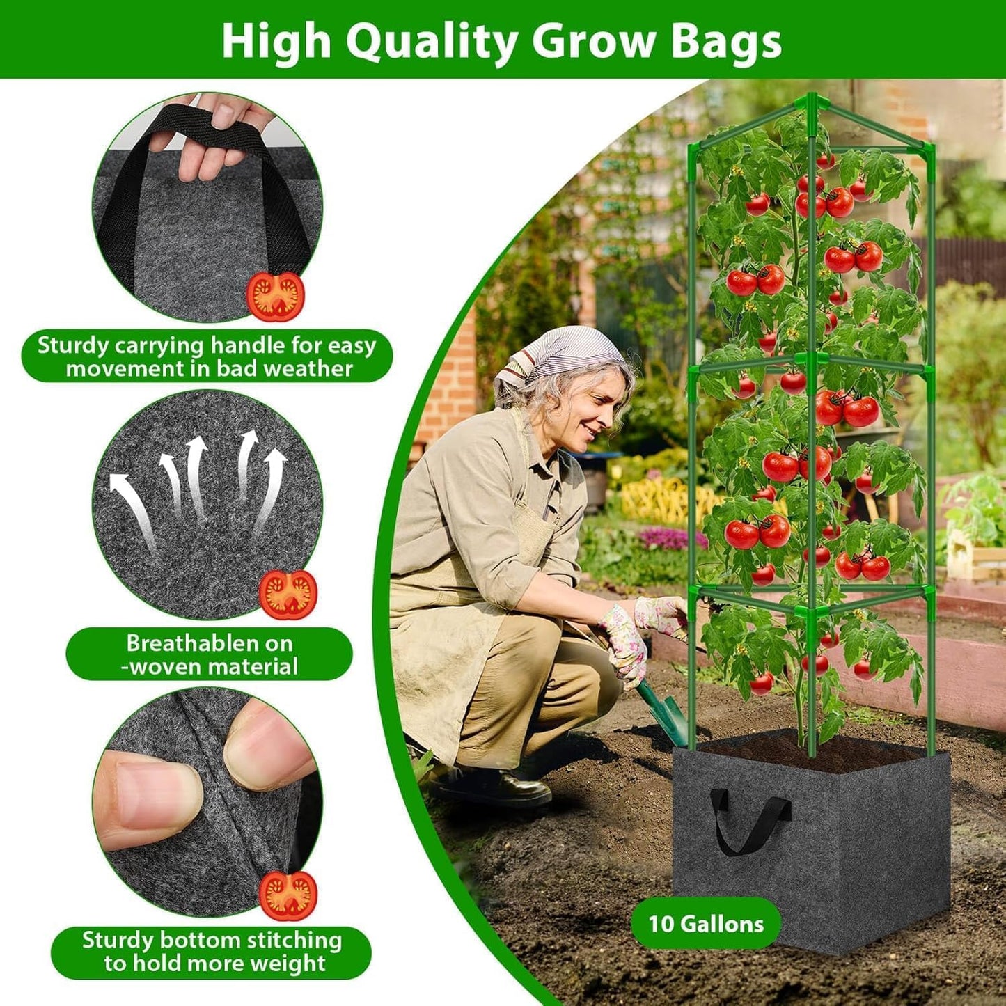 Tomato Cages for Garden with Grow Bags, 2 Pack Tomato Cage Trellis