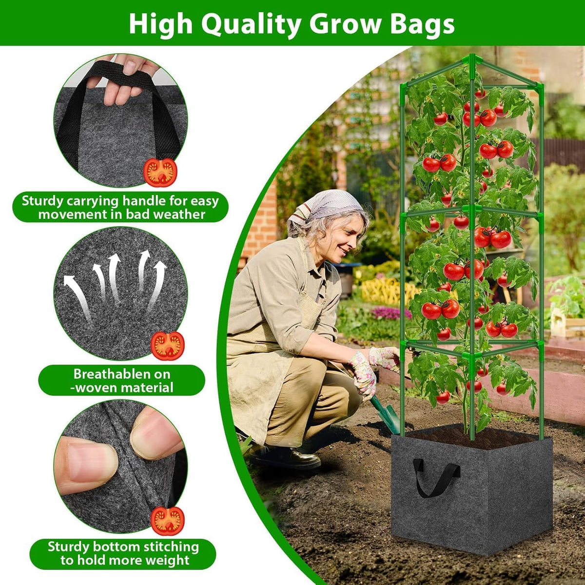 Tomato Cages for Garden with Grow Bags, 2 Pack Tomato Cage Trellis