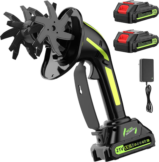 21V Cordless Tiller Cultivator for Gardening, Electric Garden Tiller Hand Tiller with 5.0Ah*2 Battery, Ergonomic Lightweight Handheld for Lawn Soil
